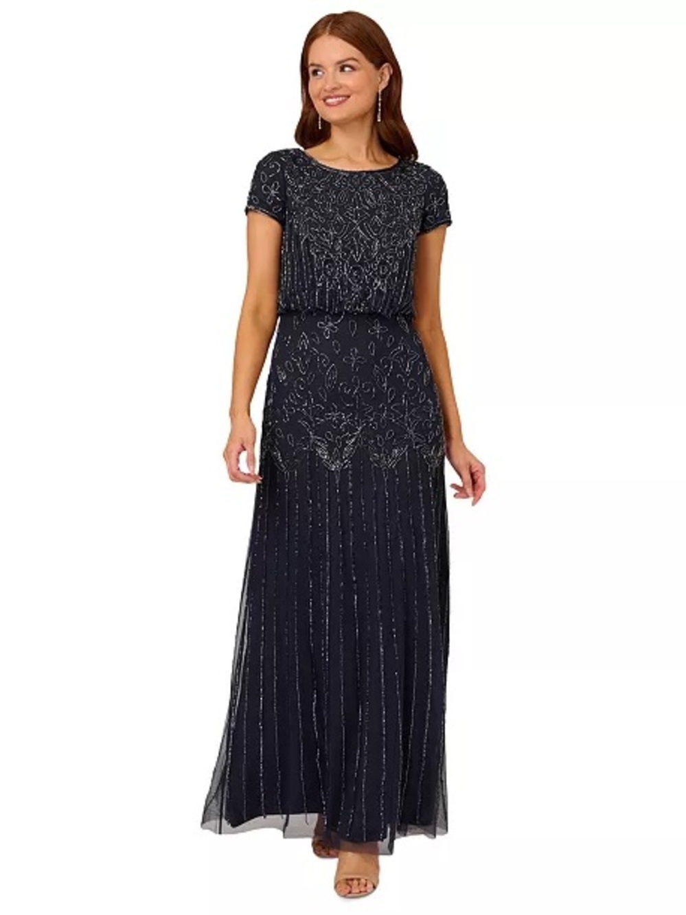 Adrianna Papell Beaded Short-Sleeve Sheer-Overlay Gown - Navy- with call out